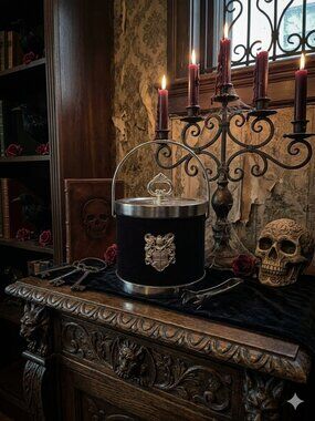 Vintage MCM Black Velvet Heraldic Ice Bucket with Tongs - Made in Hong Kong